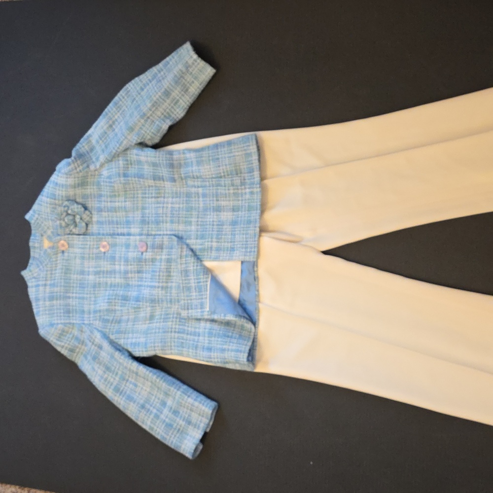 Light Blue Plaid Women's Jacket and Cream Pants Set